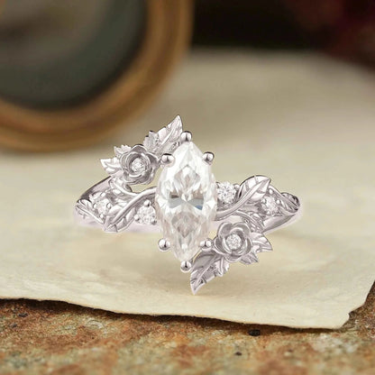 Marquise Cut Moissanite Flower Inspired Engagement Ring - Rose Blossom