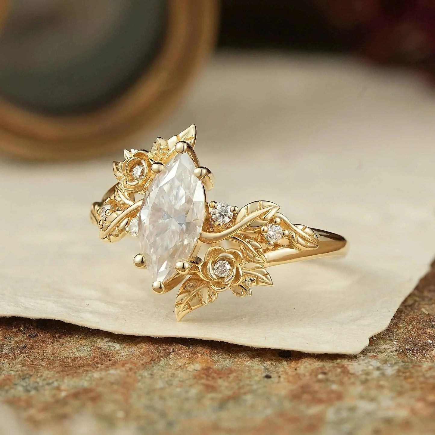 Marquise Cut Moissanite Flower Inspired Engagement Ring - Rose Blossom