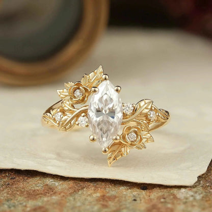 Marquise Cut Moissanite Flower Inspired Engagement Ring - Rose Blossom