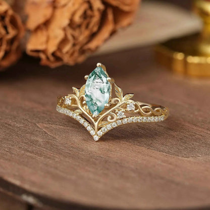Marquise Cut Moss Agate Leaf And Vine Inspired Elven Engagement Ring - Alma