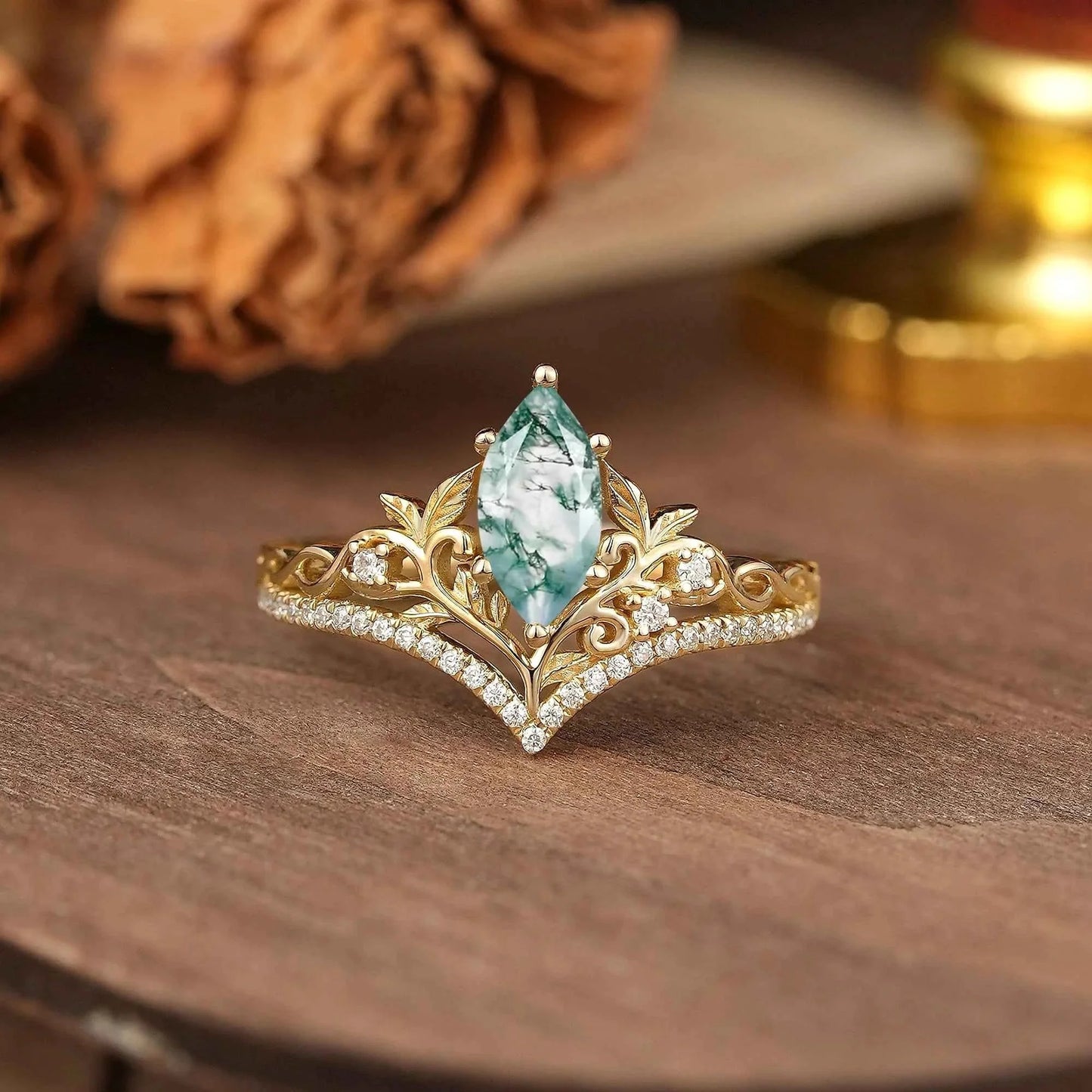 Marquise Cut Moss Agate Leaf And Vine Inspired Elven Engagement Ring - Alma