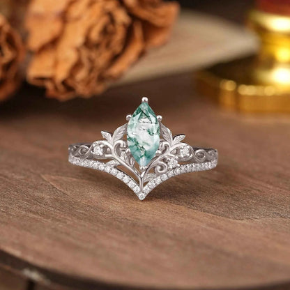 Marquise Cut Moss Agate Leaf And Vine Inspired Elven Engagement Ring - Alma
