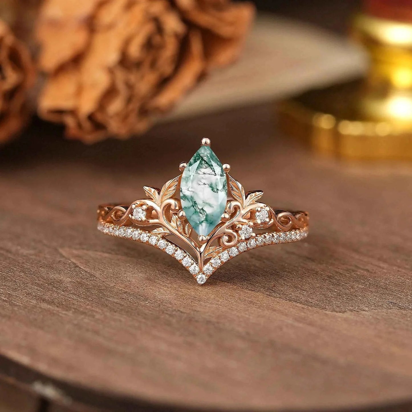 Marquise Cut Moss Agate Leaf And Vine Inspired Elven Engagement Ring - Alma