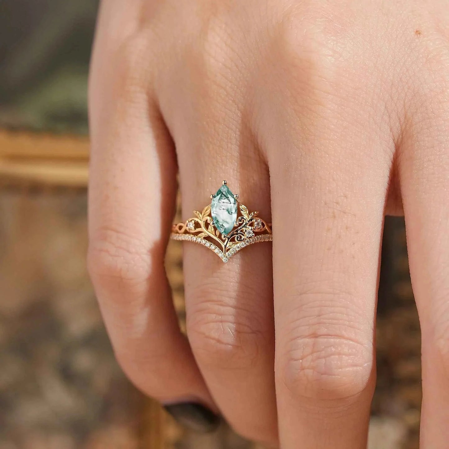 Marquise Cut Moss Agate Leaf And Vine Inspired Elven Engagement Ring - Alma