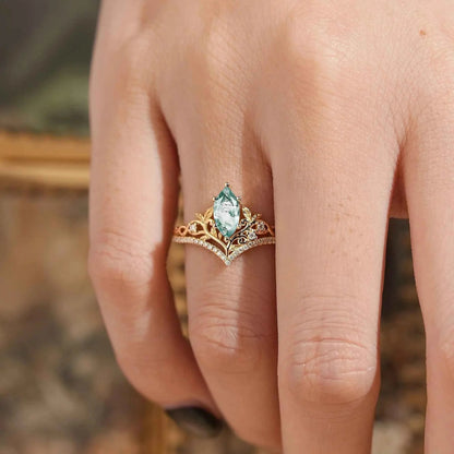 Marquise Cut Moss Agate Leaf And Vine Inspired Elven Engagement Ring - Alma