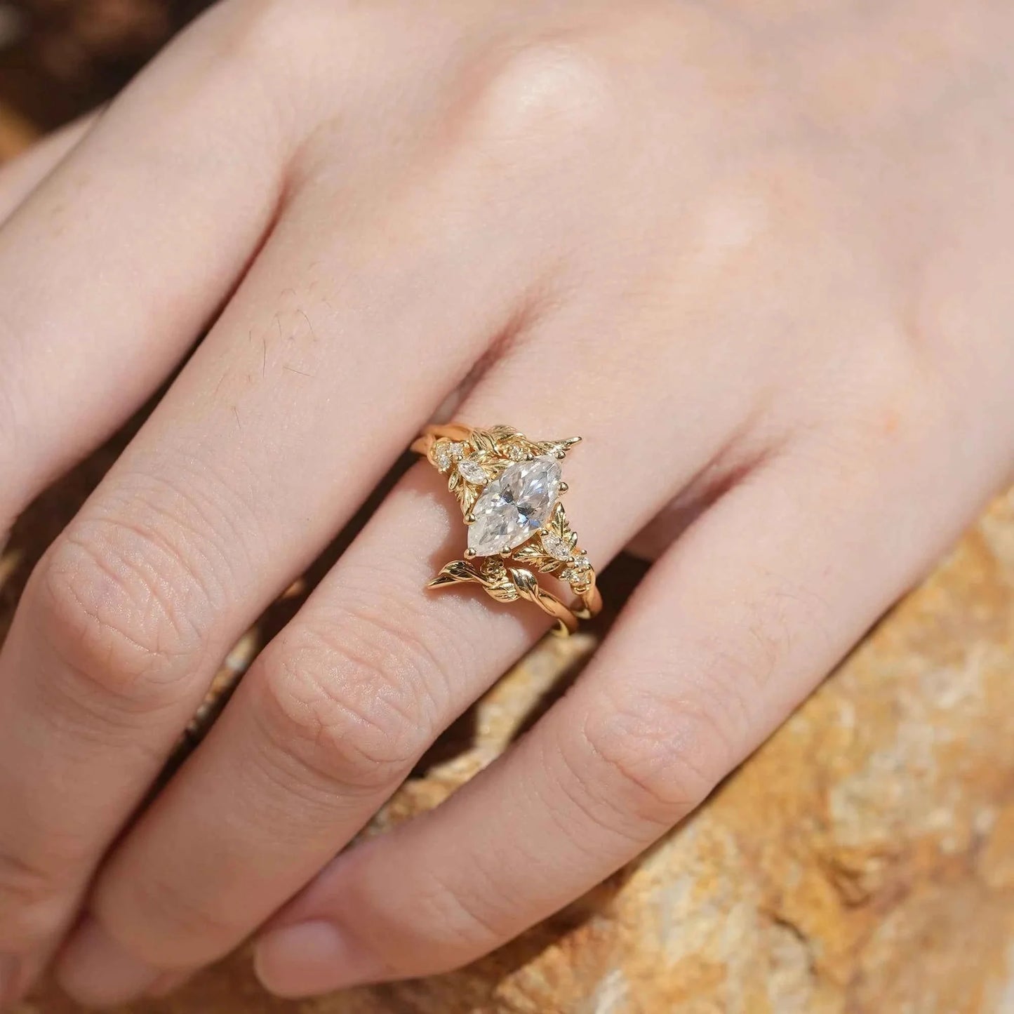 Marquise Moissanite with Leaf Enhancer Ring 2pcs - Margaret