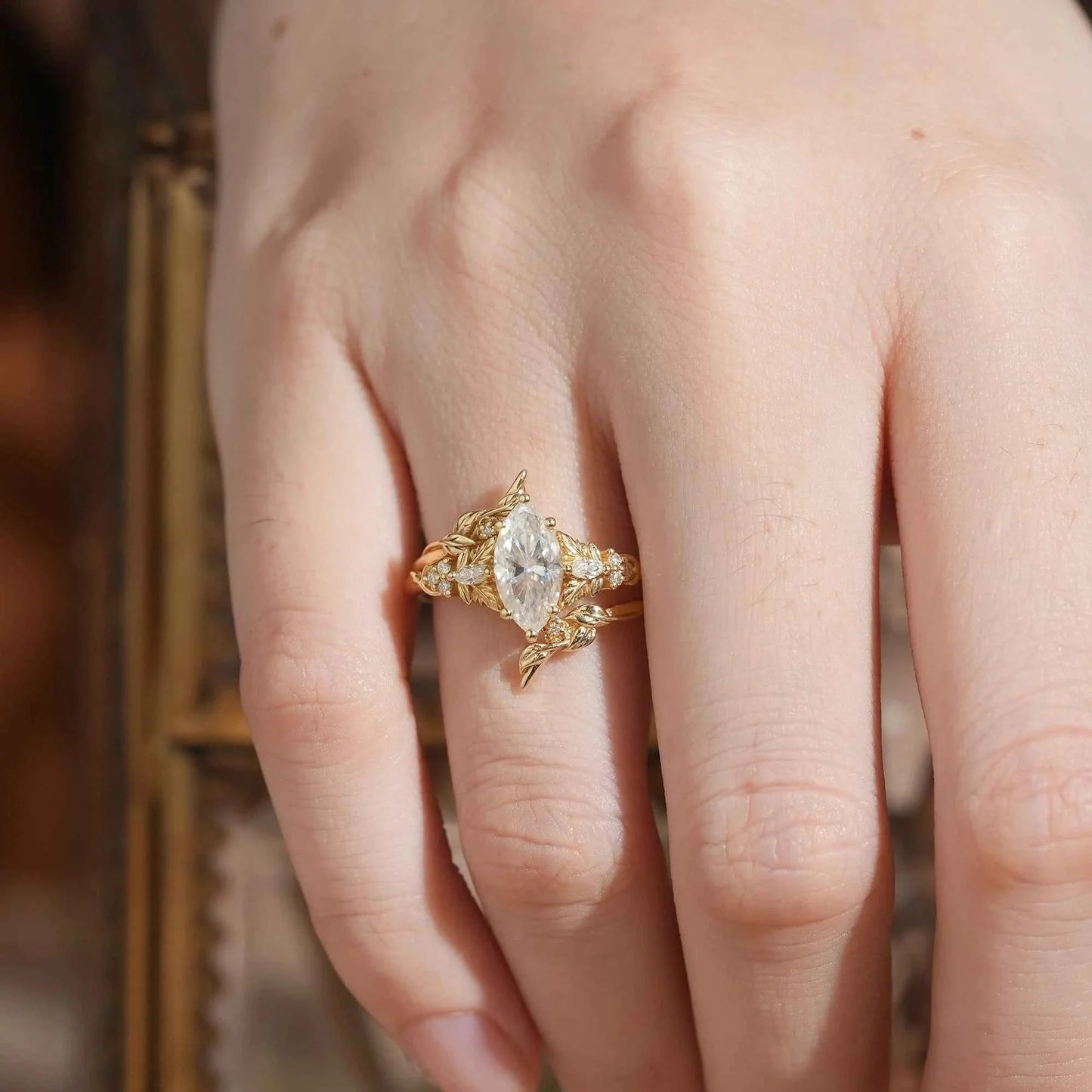 Marquise Moissanite with Leaf Enhancer Ring 2pcs - Margaret