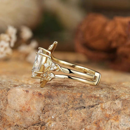 Marquise Moissanite with Leaf Enhancer Ring 2pcs - Margaret