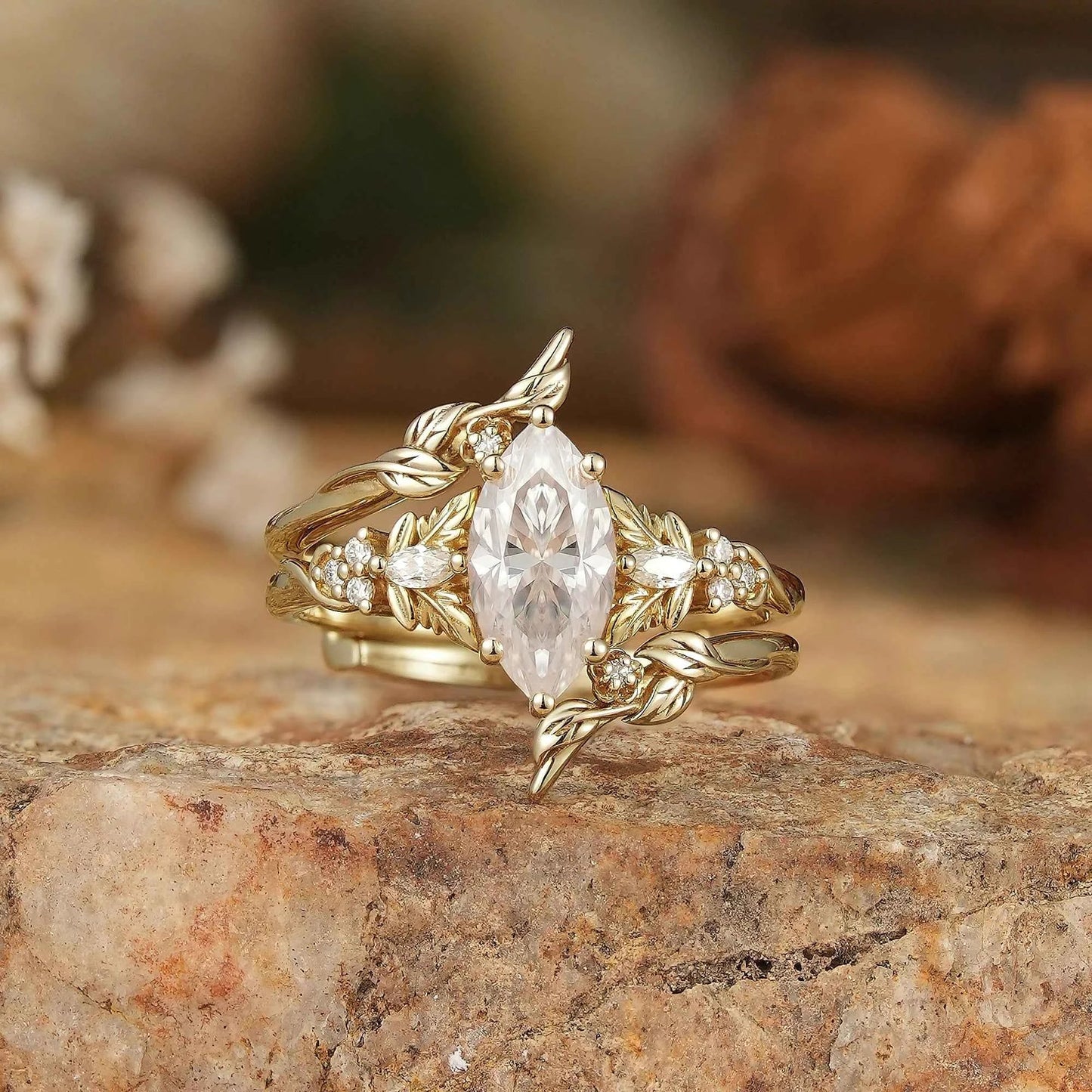 Marquise Moissanite with Leaf Enhancer Ring 2pcs - Margaret