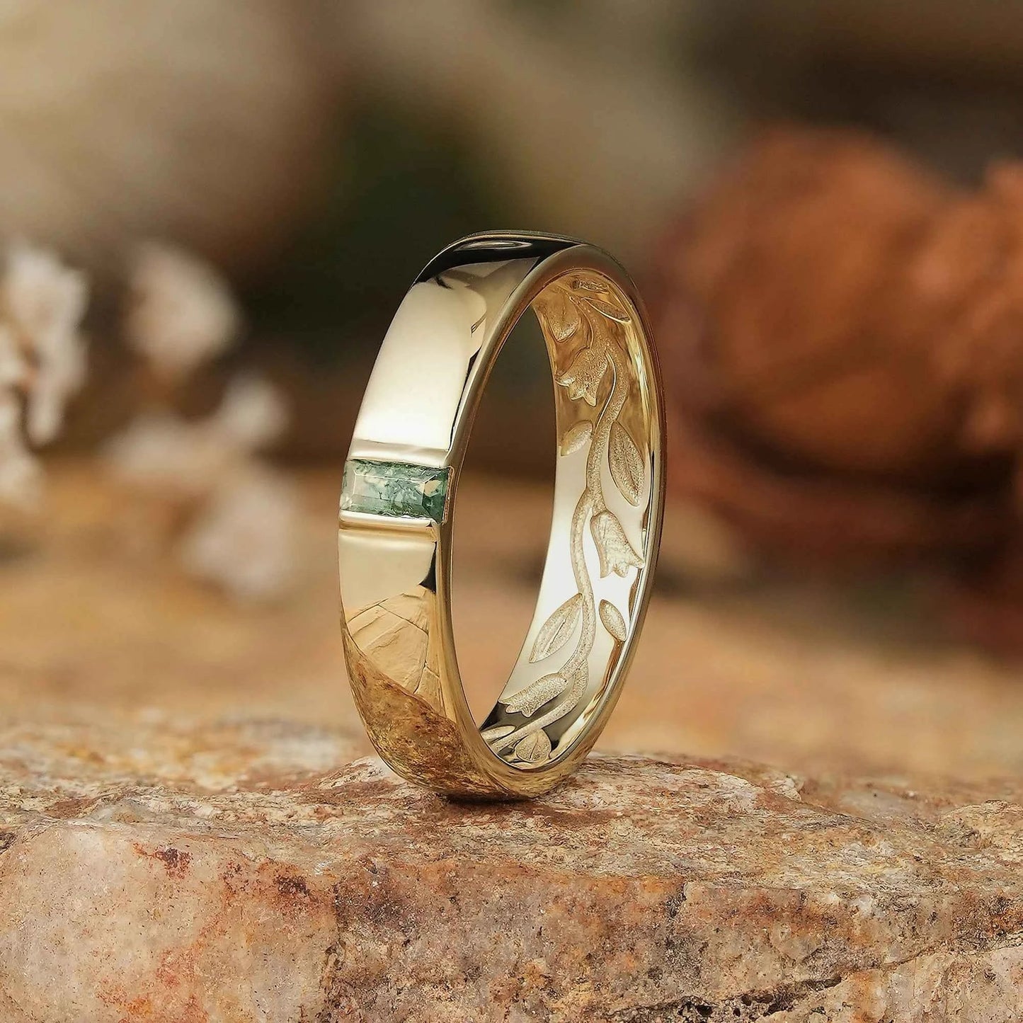 Men's Moss Agate Band with Intricate Floral and Leaf Inner Engraving - Matthew