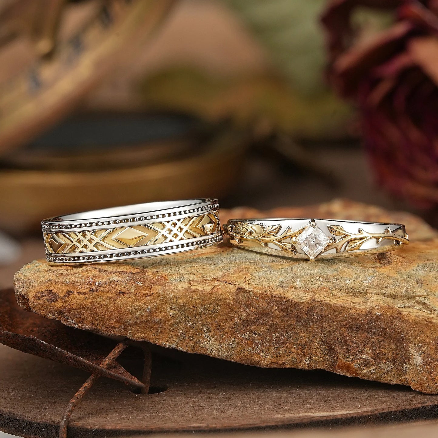 Mixed Metal Milgrain Nature Inspired Princess Cut Moissanite Couple Wedding Set - Victor & Benedict