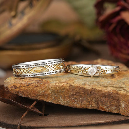 Mixed Metal Milgrain Nature Inspired Princess Cut Moissanite Couple Wedding Set - Victor & Benedict