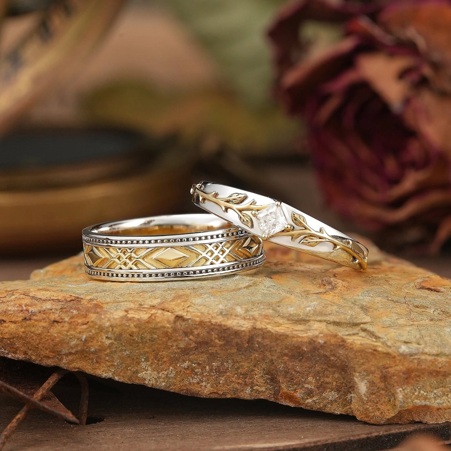 Mixed Metal Milgrain Nature Inspired Princess Cut Moissanite Couple Wedding Set - Victor & Benedict