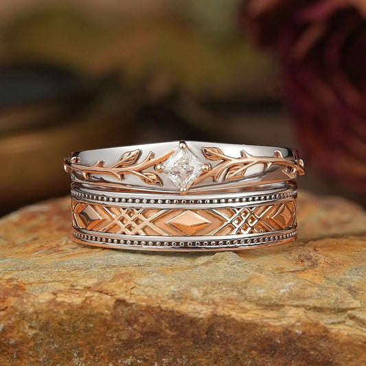 Mixed Metal Milgrain Nature Inspired Princess Cut Moissanite Couple Wedding Set - Victor & Benedict