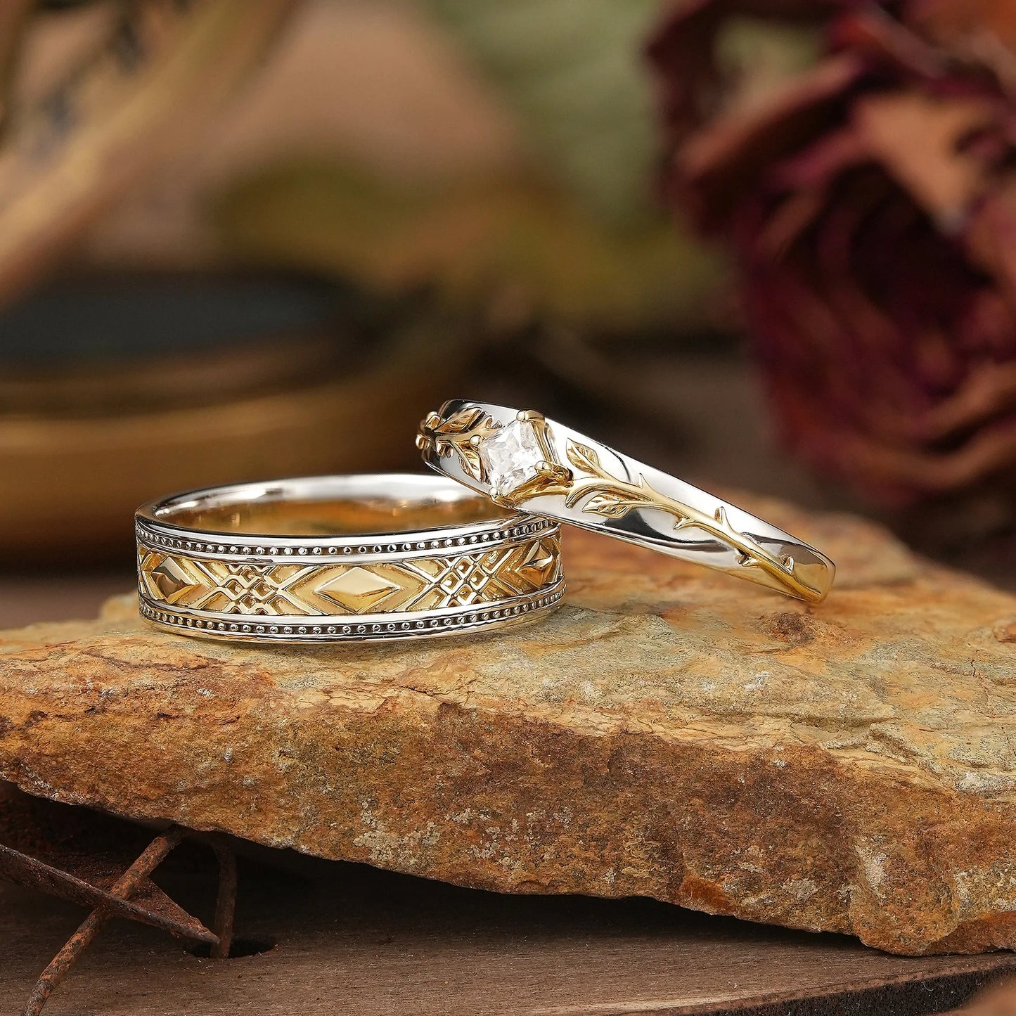 Mixed Metal Milgrain Nature Inspired Princess Cut Moissanite Couple Wedding Set - Victor & Benedict