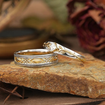 Mixed Metal Milgrain Nature Inspired Princess Cut Moissanite Couple Wedding Set - Victor & Benedict