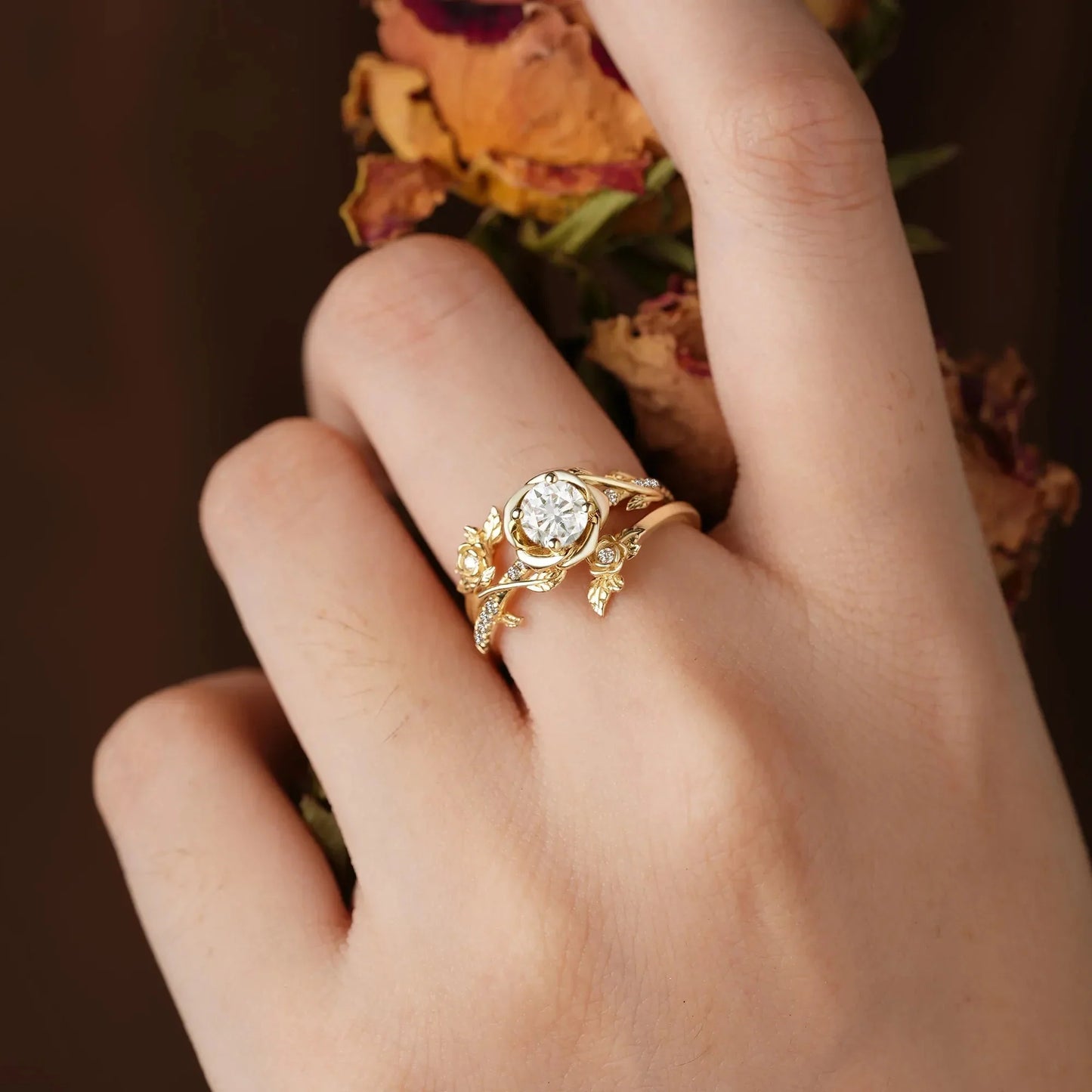 Moissanite Bridal Ring Set | Rose Blossom Three Roses Design