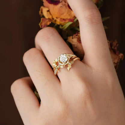 Moissanite Bridal Ring Set | Rose Blossom Three Roses Design