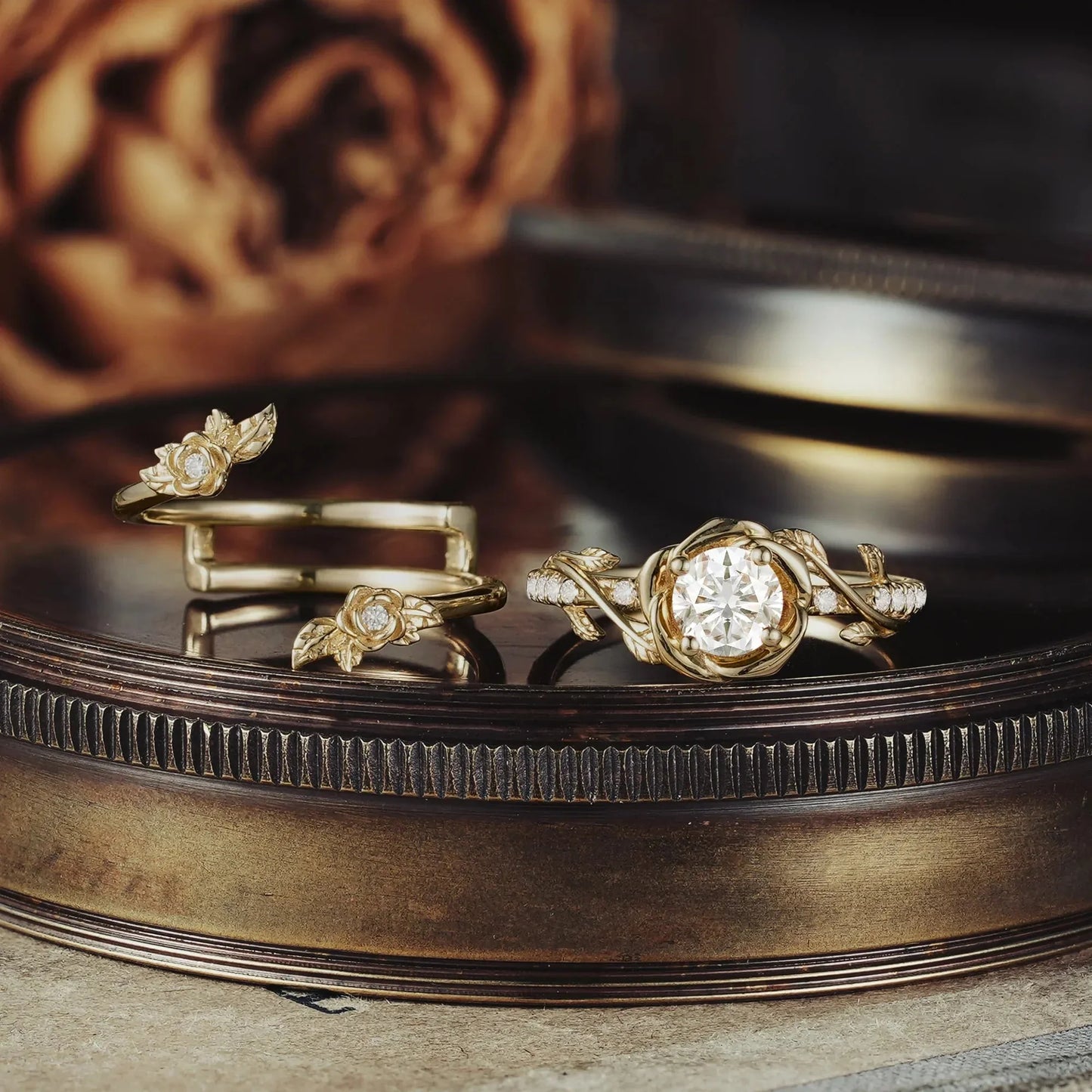 Moissanite Bridal Ring Set | Rose Blossom Three Roses Design