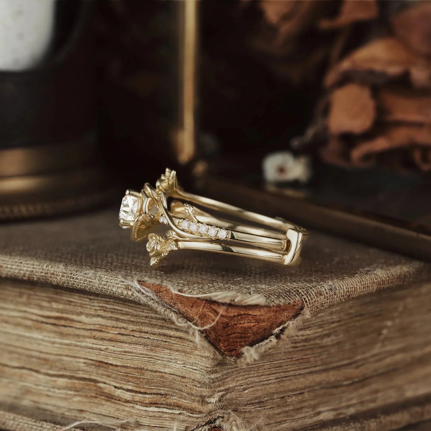 Moissanite Bridal Ring Set | Rose Blossom Three Roses Design