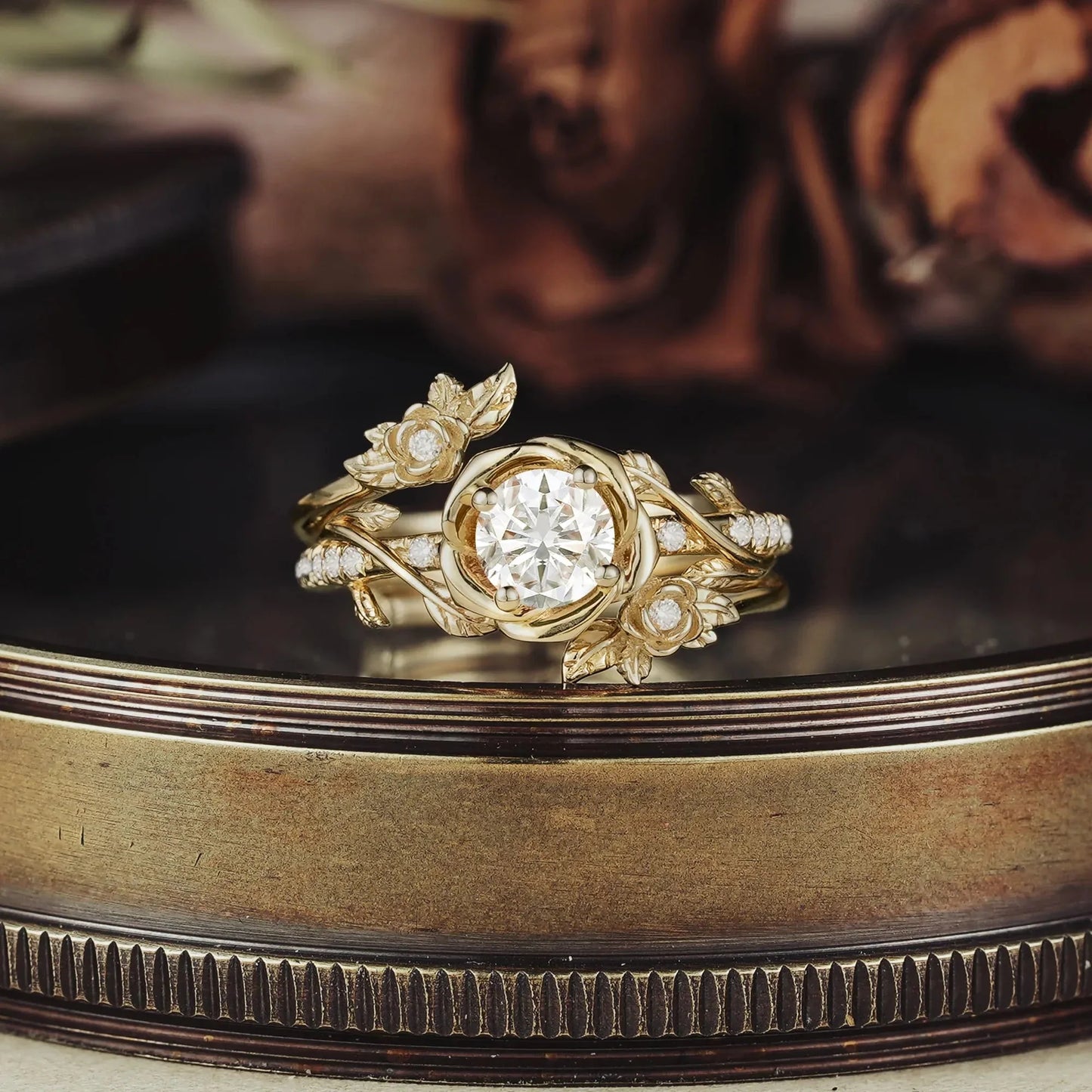 Moissanite Bridal Ring Set | Rose Blossom Three Roses Design