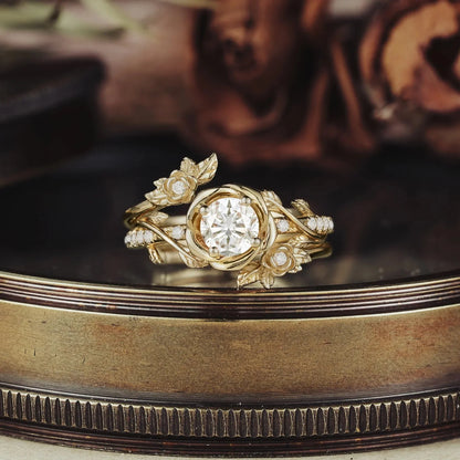 Moissanite Bridal Ring Set | Rose Blossom Three Roses Design