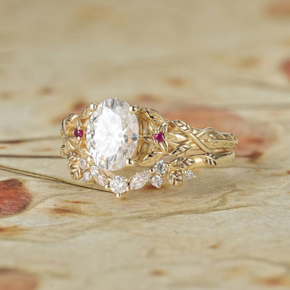 Moissanite Engagement Ring Set with Floral Ruby-Persephone
