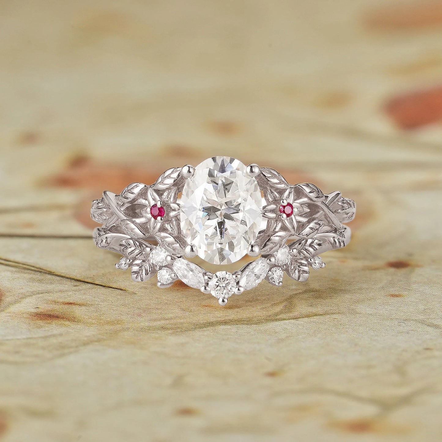 Moissanite Engagement Ring Set with Floral Ruby-Persephone