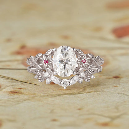 Moissanite Engagement Ring Set with Floral Ruby-Persephone