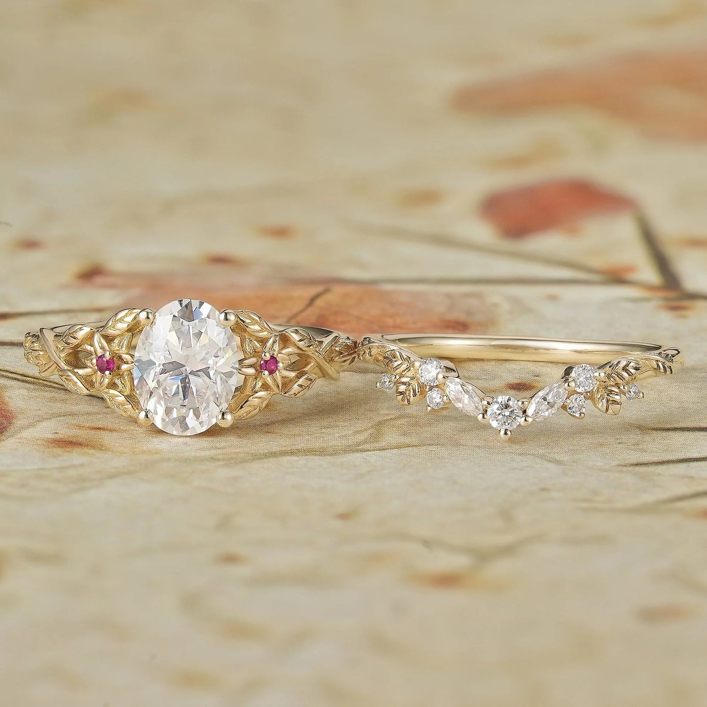 Moissanite Engagement Ring Set with Floral Ruby-Persephone