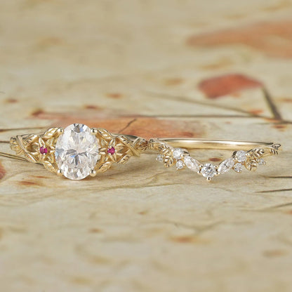 Moissanite Engagement Ring Set with Floral Ruby-Persephone