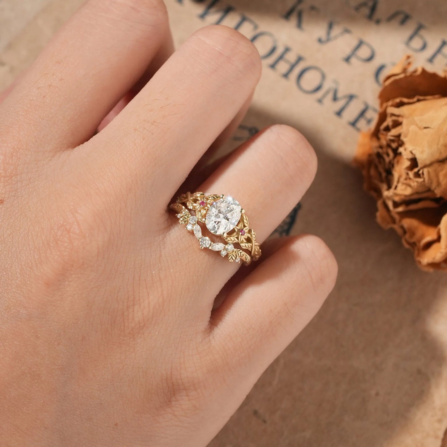 Moissanite Engagement Ring Set with Floral Ruby-Persephone