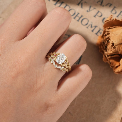 Moissanite Engagement Ring Set with Floral Ruby-Persephone