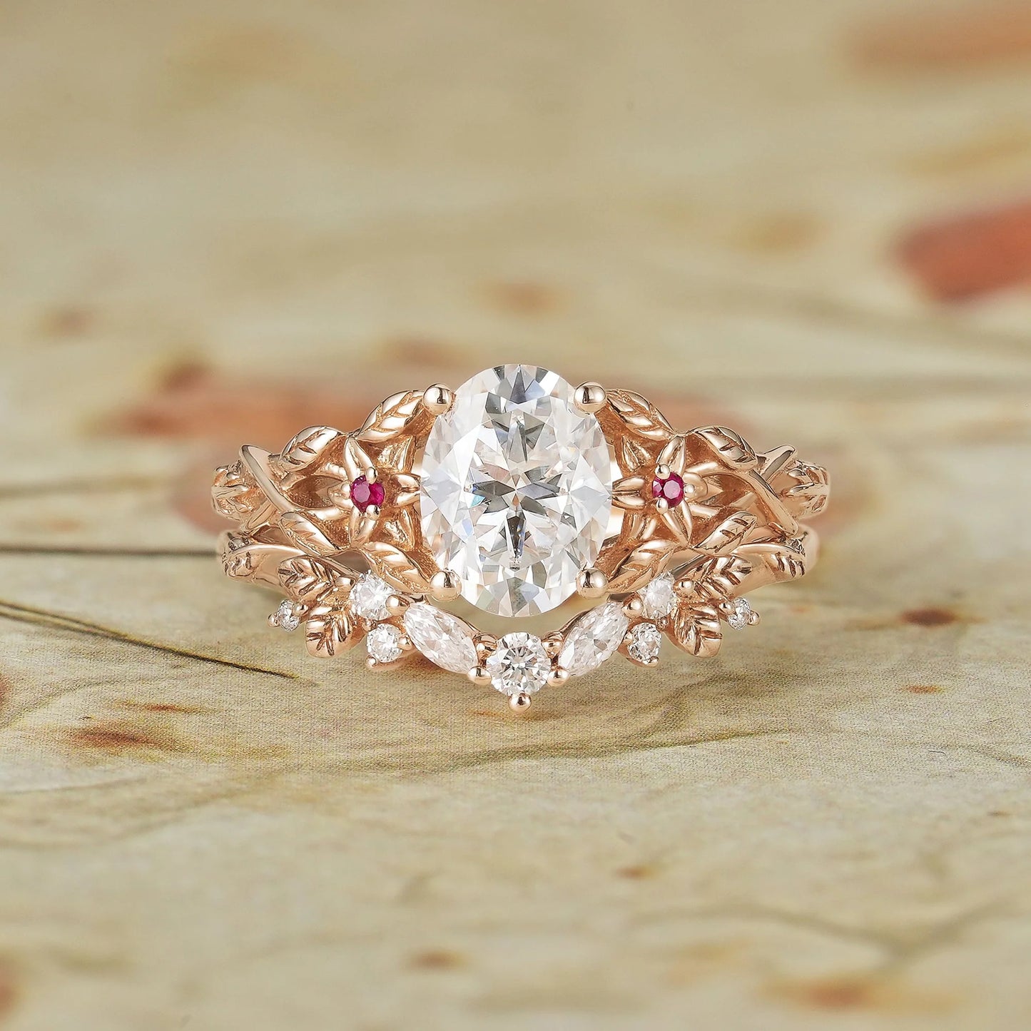 Moissanite Engagement Ring Set with Floral Ruby-Persephone