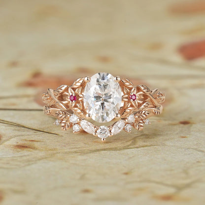Moissanite Engagement Ring Set with Floral Ruby-Persephone