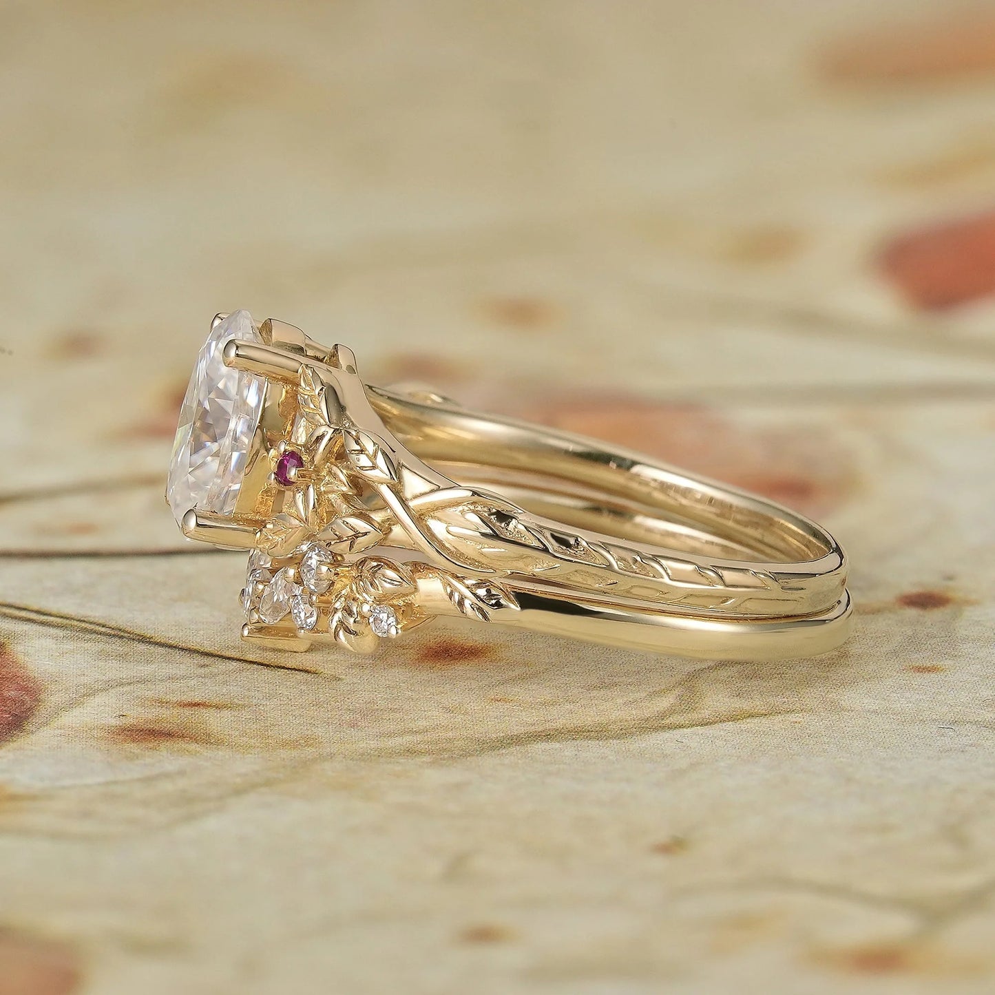 Moissanite Engagement Ring Set with Floral Ruby-Persephone