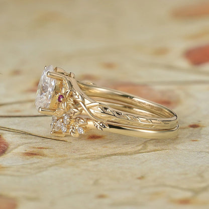 Moissanite Engagement Ring Set with Floral Ruby-Persephone