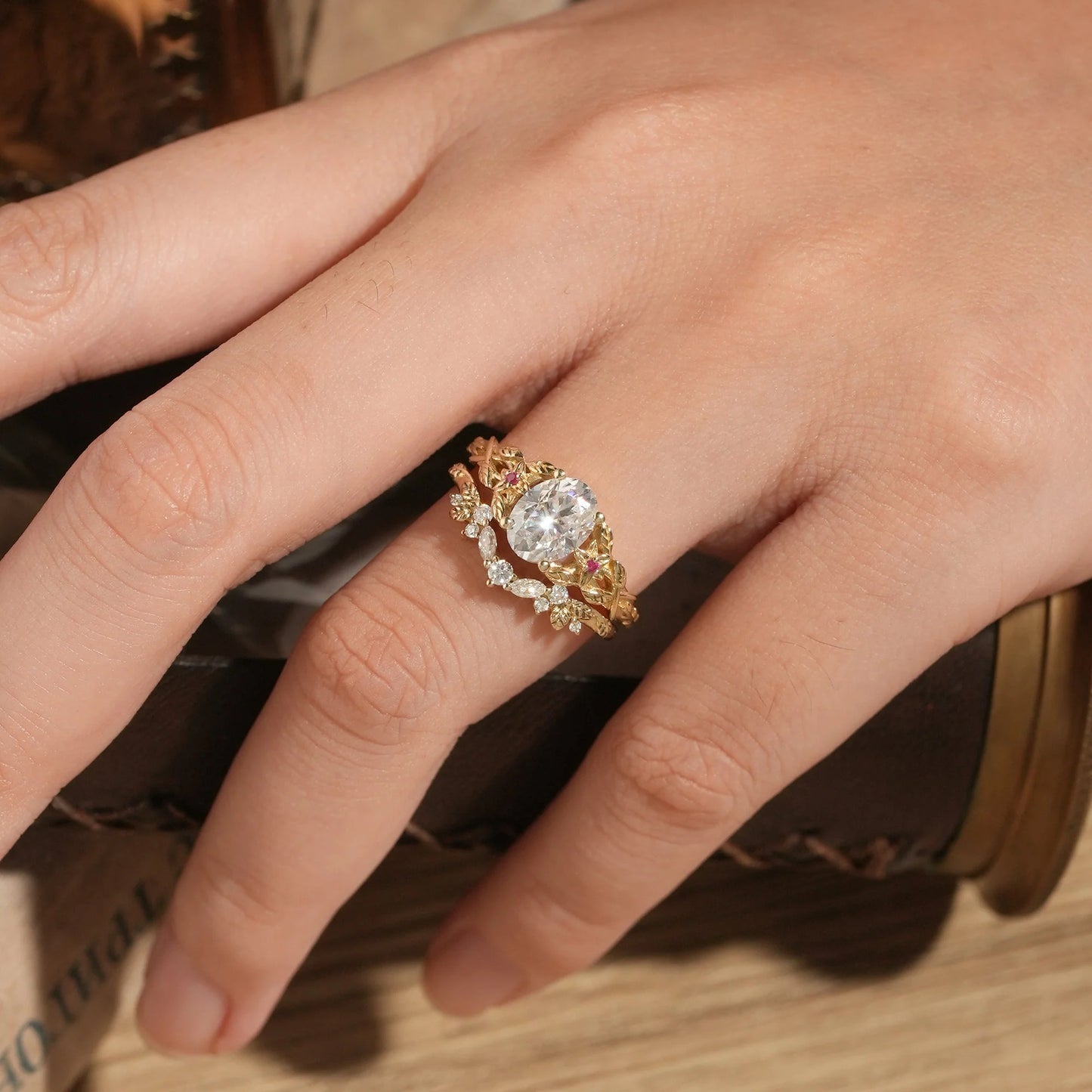 Moissanite Engagement Ring Set with Floral Ruby-Persephone