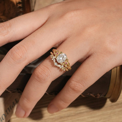 Moissanite Engagement Ring Set with Floral Ruby-Persephone