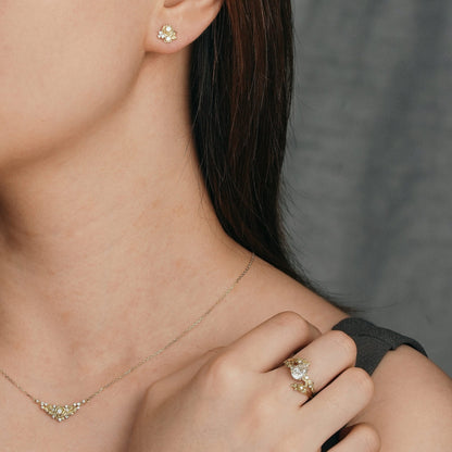 Moissanite Jewelry Sets-Floral Ring & Necklace & Earrings