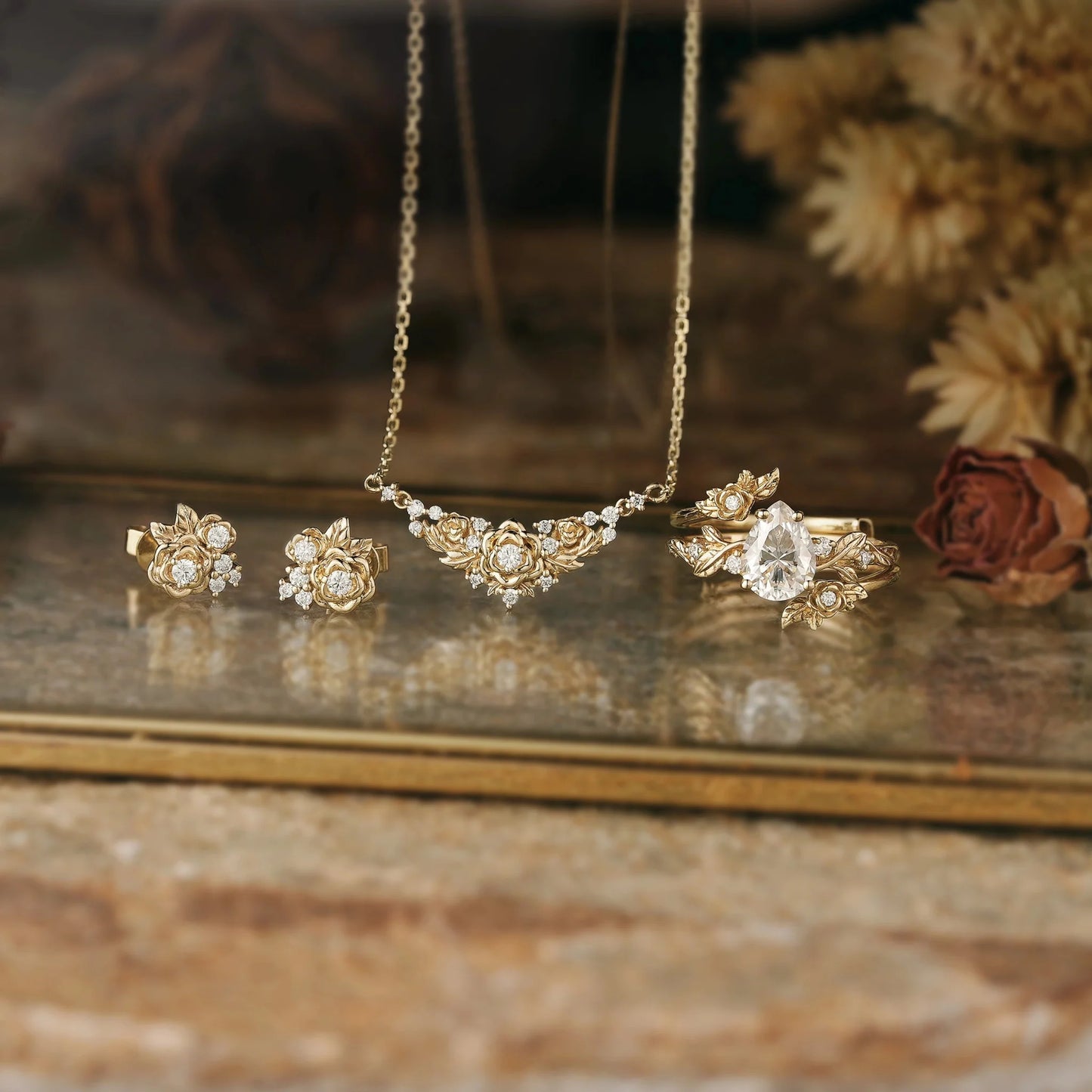 Moissanite Jewelry Sets-Floral Ring & Necklace & Earrings