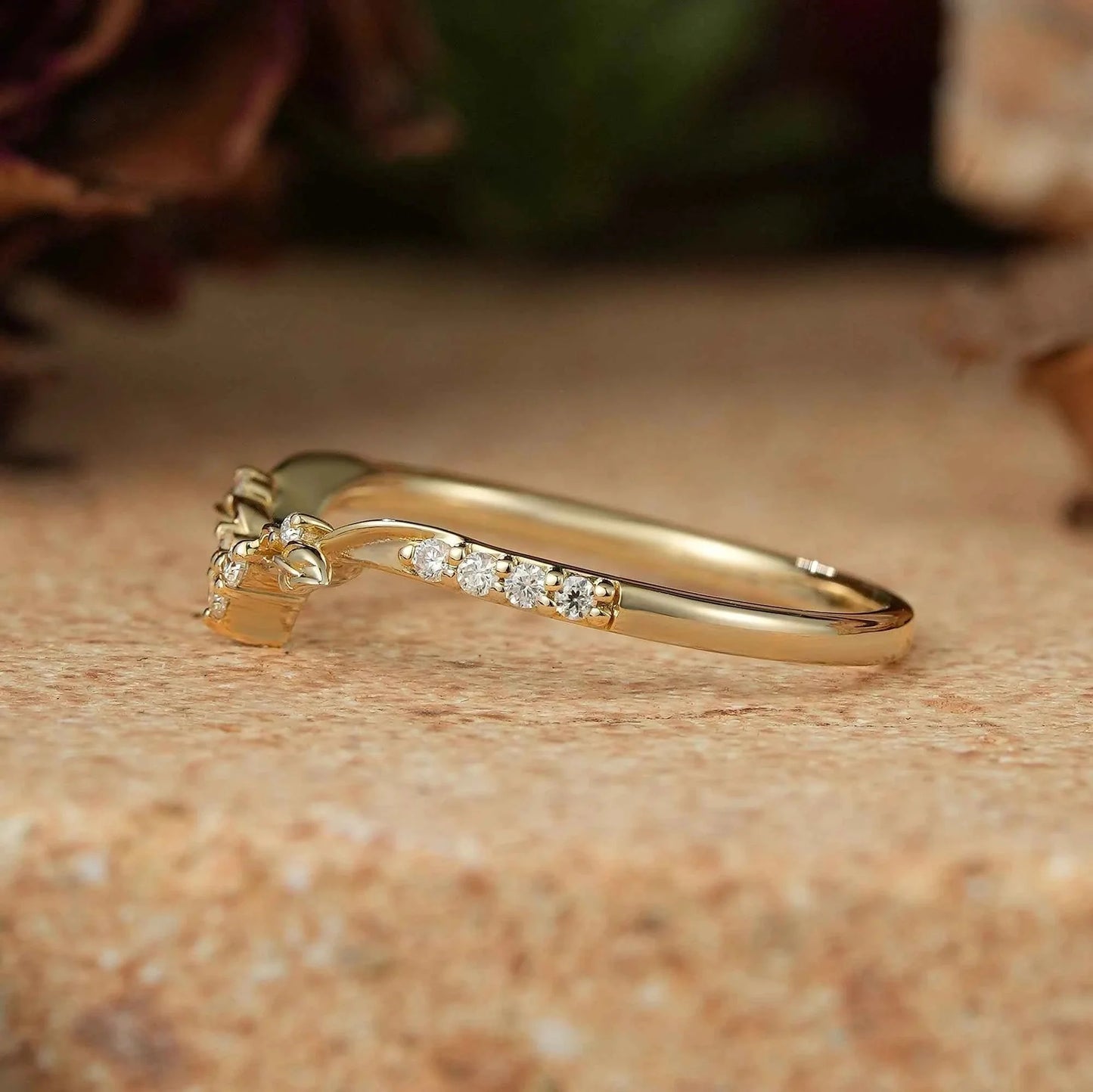 Moissanite Leaf And Stag Inspired Curved Wedding Ring