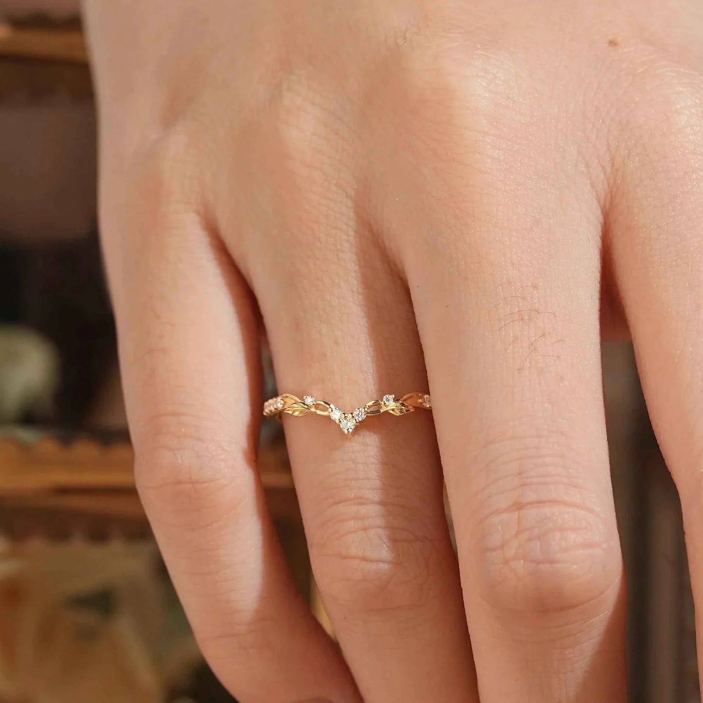 Moissanite Leaf And Stag Inspired Curved Wedding Ring