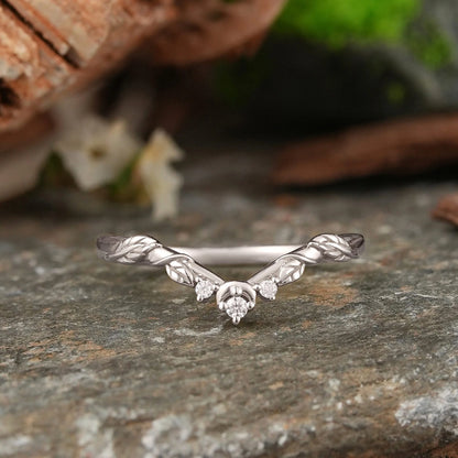 Moissanite Moon And Leaf Inspired Curved Wedding Band - Melia