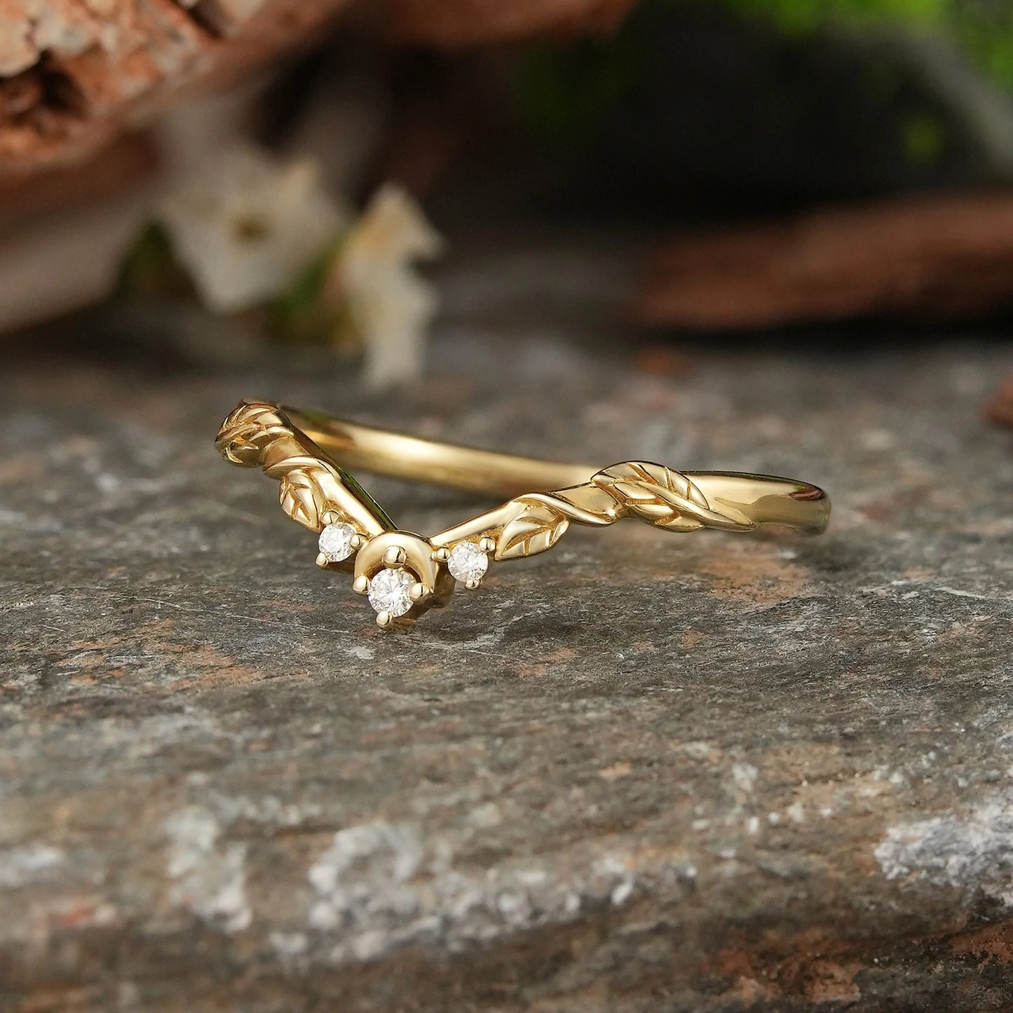 Moissanite Moon And Leaf Inspired Curved Wedding Band - Melia