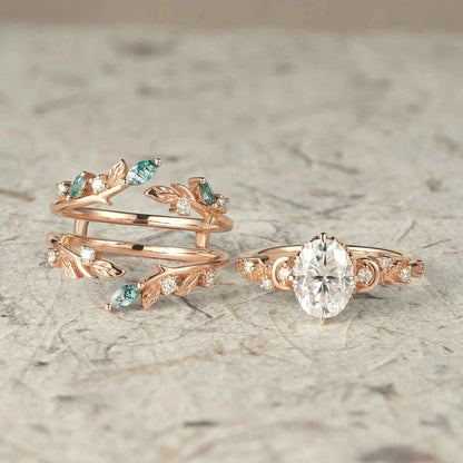 Moissanite & Moss Agate Ring Set 2pcs - Paisley