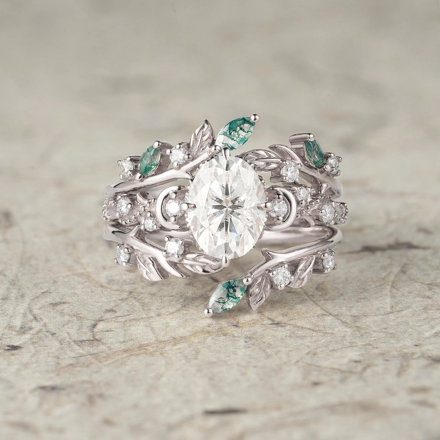 Moissanite & Moss Agate Ring Set 2pcs - Paisley