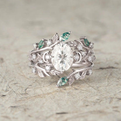 Moissanite & Moss Agate Ring Set 2pcs - Paisley