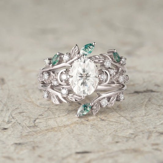 Moissanite & Moss Agate Ring Set 2pcs - Paisley