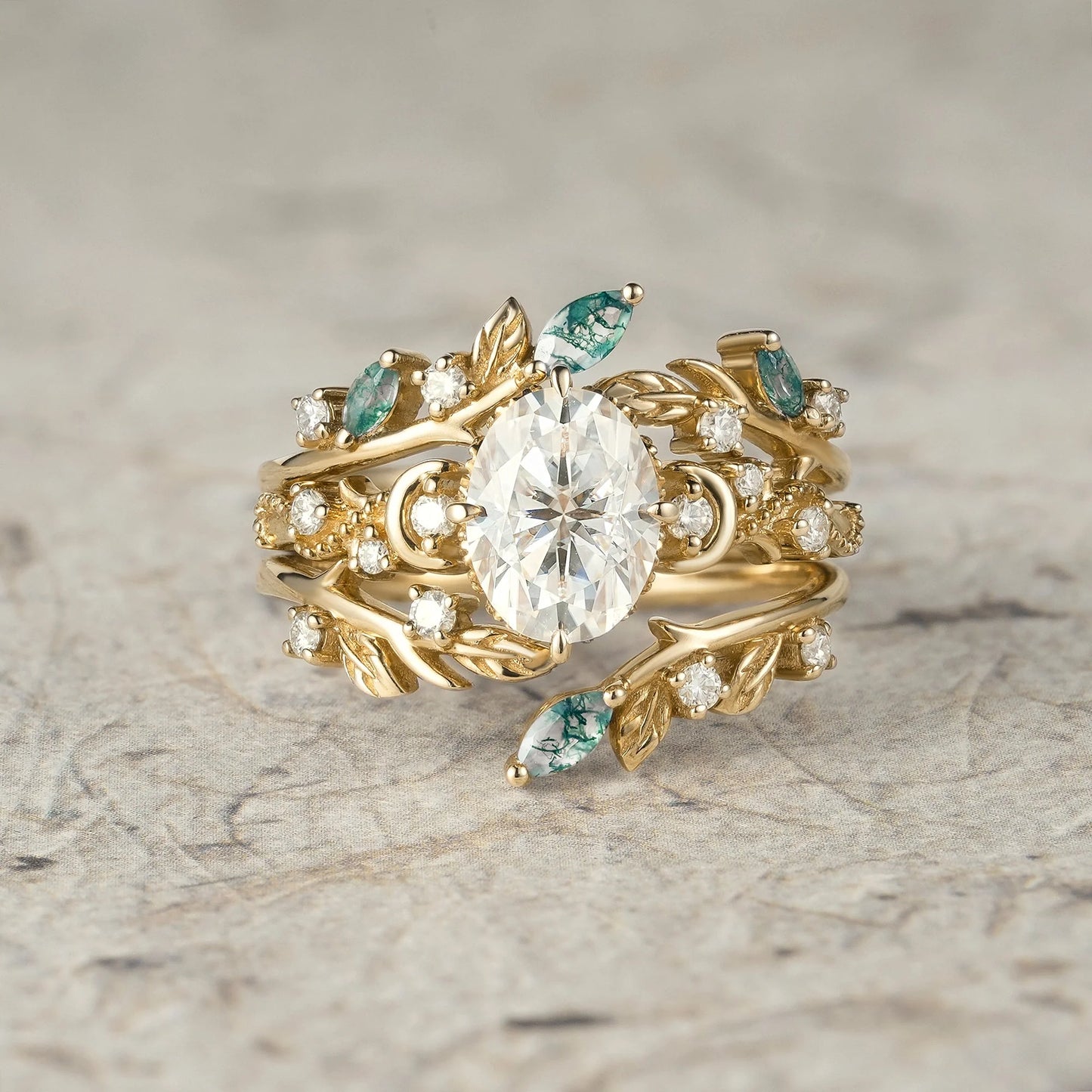 Moissanite & Moss Agate Ring Set 2pcs - Paisley